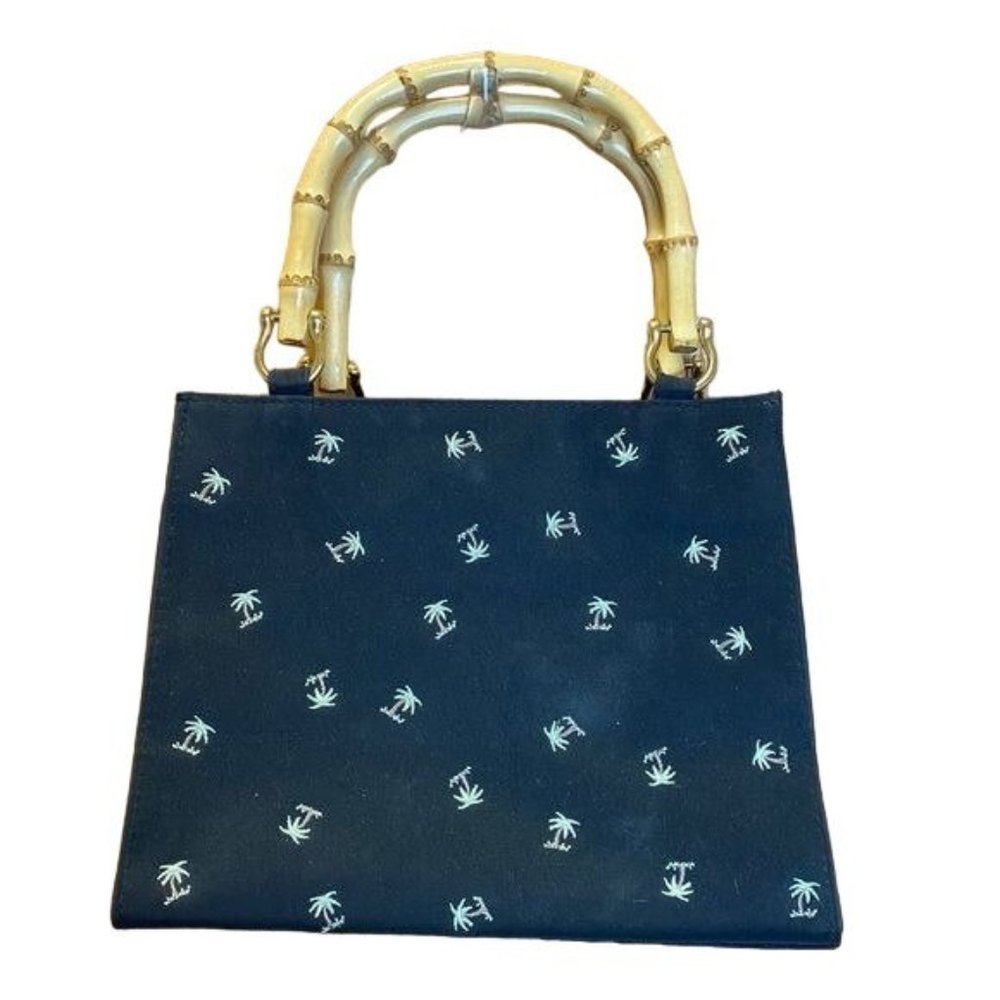 TiannI Black Bamboo Handle Palm Tree Embroidered Handbag - Picture 1 of 6